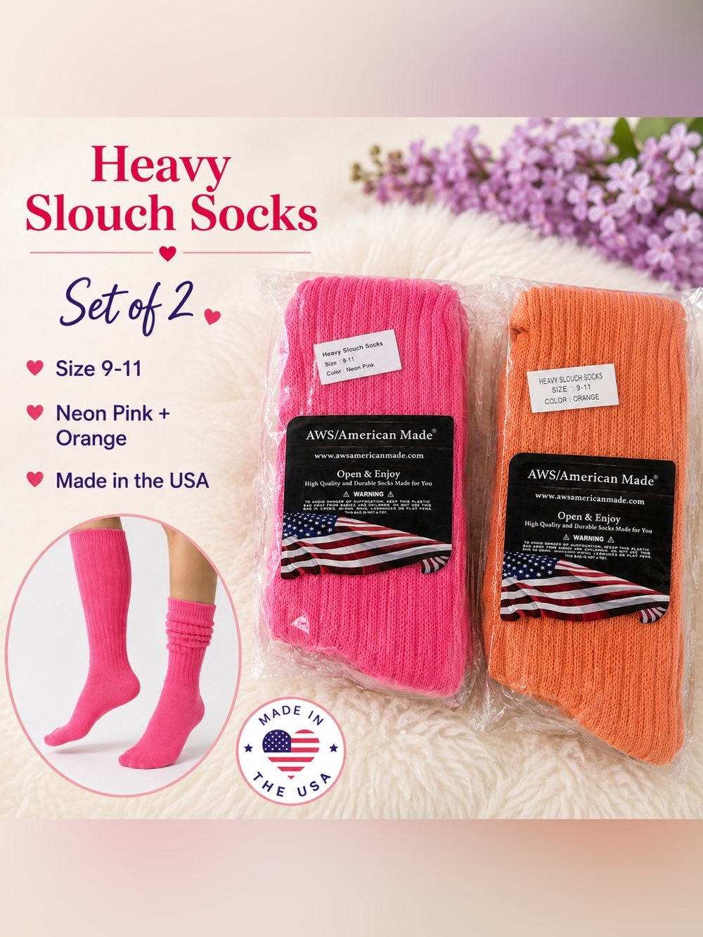 AWS American Made Heavy Slouch Socks - Dk pink and orange  (Set of 2) nwt